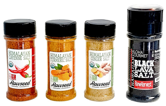 Rawseed Organic Himalayan Salt Gift Set, 4-Pack with Mild seasonings of Cayenne, Turmeric, Ginger Salt, 6 oz Each With Free RawHarvest Black Lava Salt Grinder 8 oz, Packed in an Artisan Gift Box.