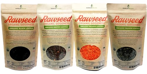 Rawseed Organic Lentils Black,Orange,Brown,French 4 Pack