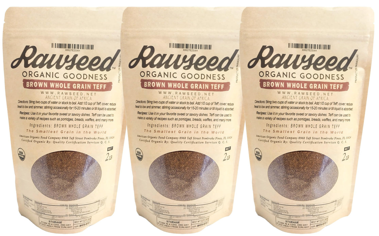 Rawseed Organic Brown Whole Grain African Teff 2Lbs (1Pack 2Pack & 3Pack)
