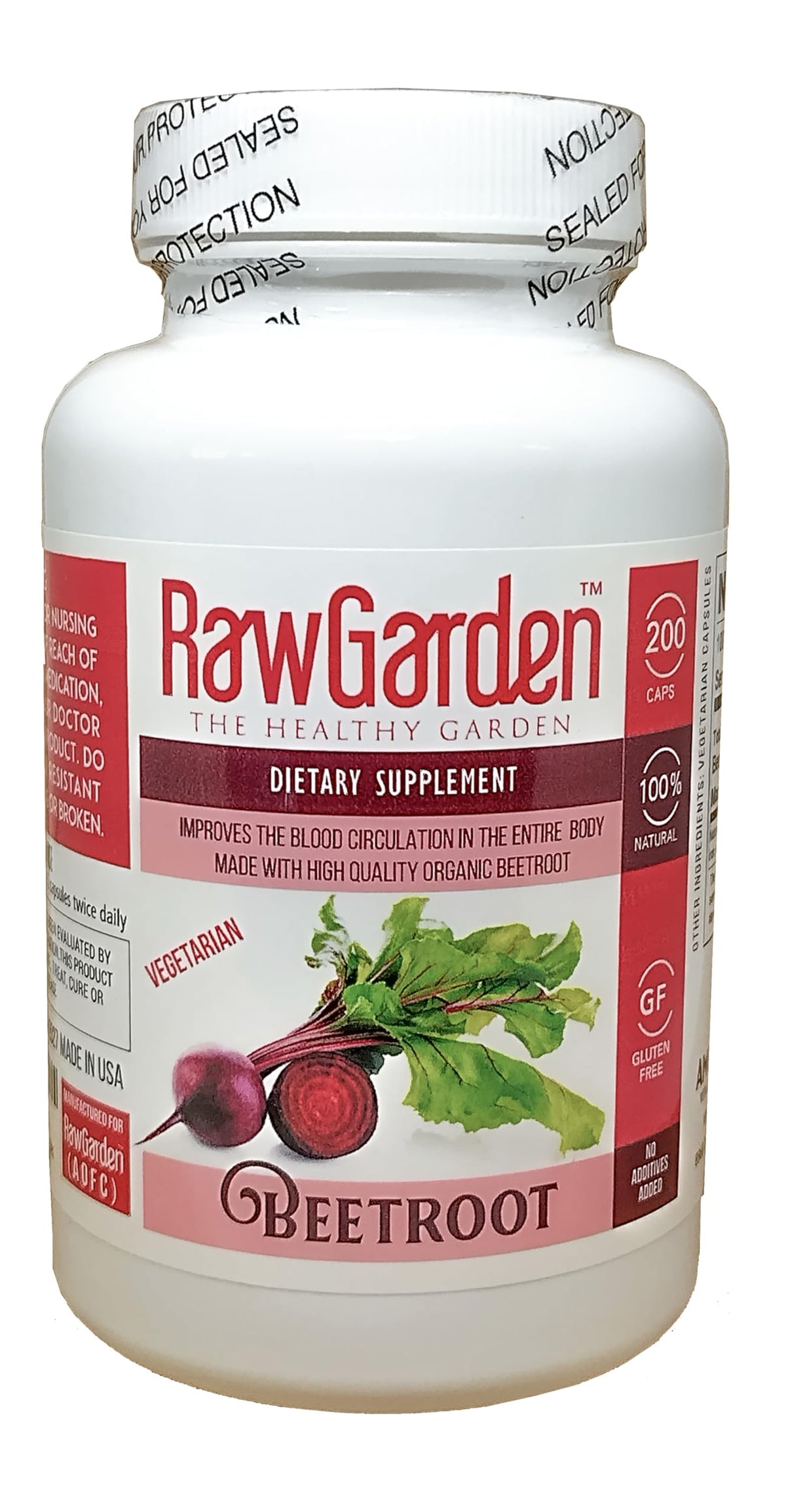 Raw Garden Beet Root Vegetarian Capsules (200 ct) Beta vulgaris with a High Nitrate Content. Non - Irradiated Non-sulfites - Gluten Free.