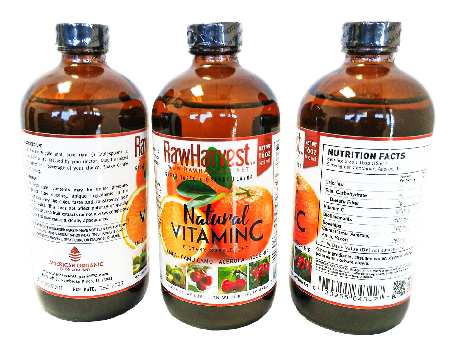 RawHarvest Natural Liquid Vitamin C 16 oz 3 Pack Glass Bottle